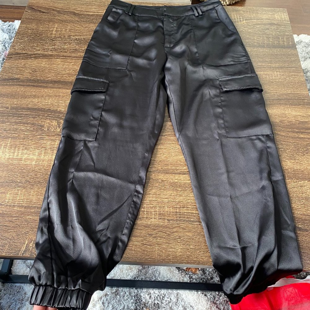 Black Satin Cargo Pants